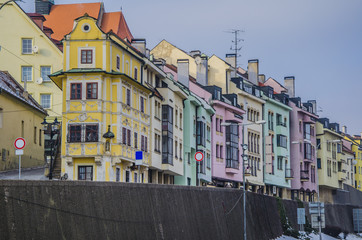 Fototapeta na wymiar various colored buildings interspersed in Bratislava