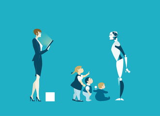 Robots are future babysitters and teachers. RPA, Robotic Process Automatisation concept.