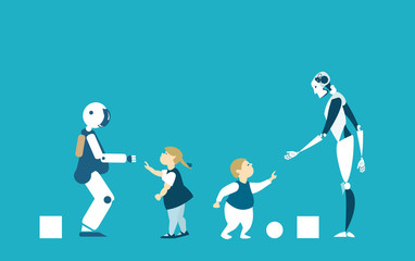 Robots are future babysitters and teachers. RPA, Robotic Process Automatisation concept.