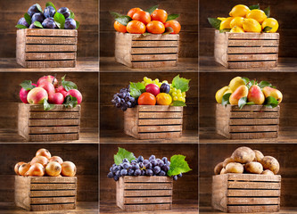 various fruits and vegetables in wooden boxes