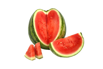 Green Watermelon Slice Close Up, Sliced in Red, White Background With Clipping Path