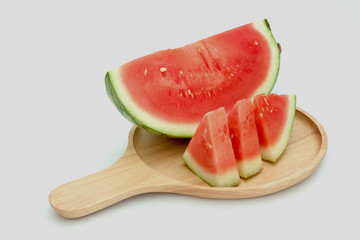 Green Watermelon Slice Close Up, Sliced in Red, White Background With Clipping Path