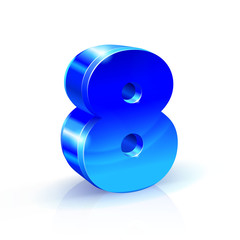 Glossy blue Eight 8 number. 3d Illustration on white background.