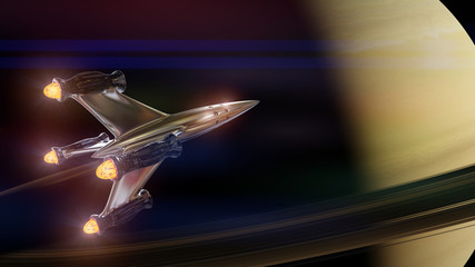 spaceship in orbit of planet Saturn © dottedyeti