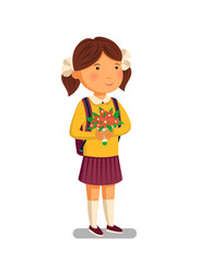 Schoolgirl . Happy schoolgirl with backpack holding bouquet of flowers for her teacher. Elementary school student. Flat cartoon illustration. First school year. Back to school.