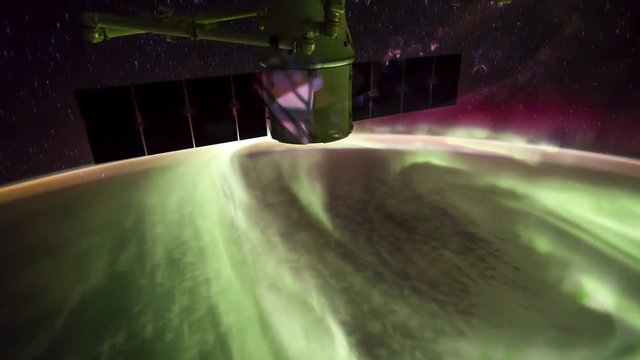 ISS view of rotating planet earth with aurora and star galaxy. Created from Public Domain images, courtesy of NASA JSC : http://eol.jsc.nasa.gov.