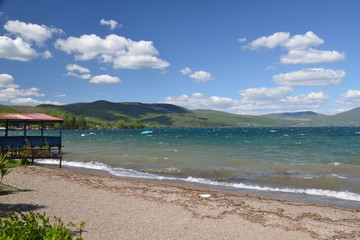 View of Lake of bracciano. The lake is a volcanic origin crater lake and the second largest lake in Lazio Italy.