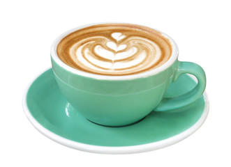 Hot coffee cappuccino latte art in jade color cup isolated on white background, clipping path included