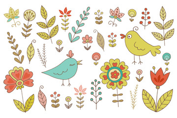 Vintage set for your design with birds and flowers