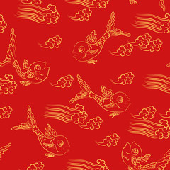 Seamless pattern with fish in clouds in Chinese style. Chinese, japanese elements. Vector illustration.