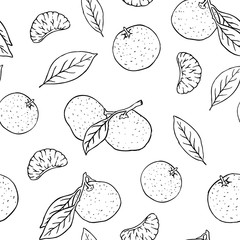 Hand drawn vector black and white outline tangerine seamless pattern