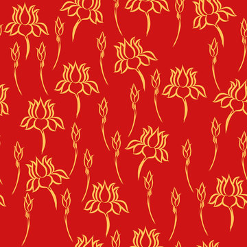 Seamless pattern with lotus flowers in Chinese style. Vector illustration.