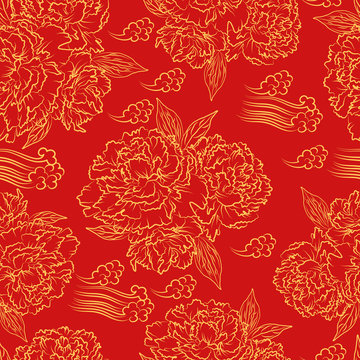 Seamless pattern with flowers in clouds in Chinese style. Chinese, japanese elements. Vector illustration.