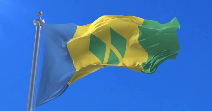 Flag of Saint Vincent and the Grenadines waving at wind in slow, loop