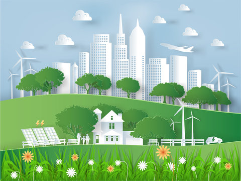Illustration vector of modern eco city world environment and happiness family,graphic design of eco modern city in paper art style