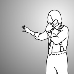 standing businessman wearing suspenders or braces  with cigarette on his right hand using retro telephone vector illustration doodle sketch hand drawn with black lines isolated on gray background. 