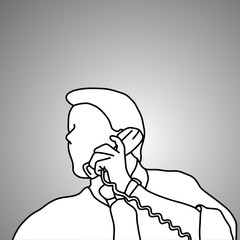 close-up businessman using retro telephone vector illustration doodle sketch hand drawn with black lines isolated on gray background. Business concept.
