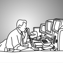 businessman using desk telephone on his messy table with retro computer screens vector illustration doodle sketch hand drawn with black lines isolated on gray background. Business concept.
