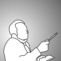 businessman using desk telephone on his shoulder and taking notes on paper vector illustration doodle sketch hand drawn with black lines isolated on gray background. Business concept.
