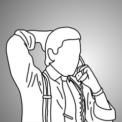 businessman put the hand on his head back while using desk telephone vector illustration doodle sketch hand drawn with black lines isolated on gray background. Business concept.