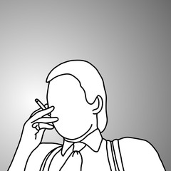 close-up businessman with suspenders or braces smoking cigarette vector illustration doodle sketch hand drawn with black lines isolated on gray background.