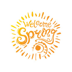 Welcome spring vector round template. Inscription and rays of the sun isolated on white background.