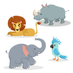 Cartoon trendy style african animals set. Lion, rhino, african elephant and parrot. Closed eyes and cheerful mascots. Vector wildlife illustrations.