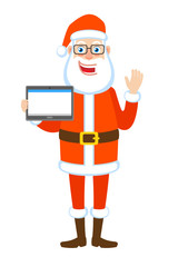 Santa Claus holding tablet PC and raised a hand in greeting
