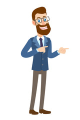 Hipster Businessman pointing something beside of him