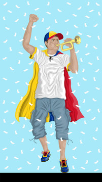 “Colombia Soccer Fan with Bugle” Colombian supporter, confetti papers and background are in different layers.