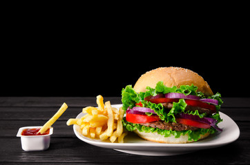 Burger served in bun in nutrition fast food concept
