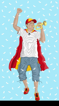 “Spain Soccer Fan with Bugle” Spanish supporter, confetti papers and background are in different layers.