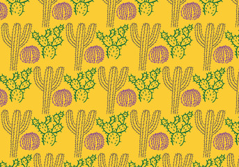 Hand drawn cactus vector pattern in a green, yellow and purple color palette