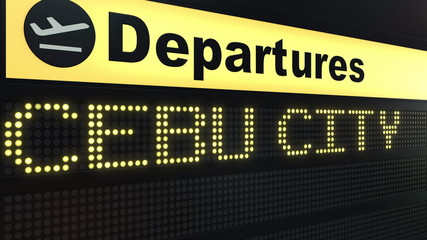 Flight to Cebu City on international airport departures board. Travelling to Philippines conceptual 3D rendering