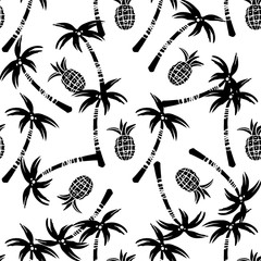 Seamless pattern with palm trees, pineapples in black and white
