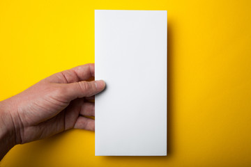 White DL flyer in hand on a yellow background. Empty mock-up.
