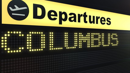 Flight to Columbus on international airport departures board. Travelling to the United States conceptual 3D rendering