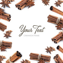 Cinnamon stick group frame with star anise spice isolated on white background