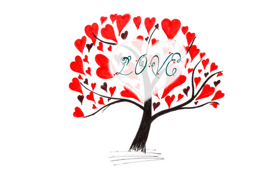 Valentine card with tree and hearts