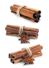 Cinnamon stick group with star anise spice set isolated on white background