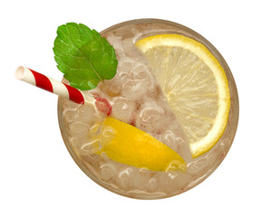 Fresh cocktail lemonade, honey lemon soda with yellow lime slice and mint top view isolated on...