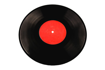 vinyl record with red label on white background