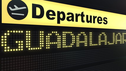 Flight to Guadalajara on international airport departures board. Travelling to Mexico conceptual 3D rendering