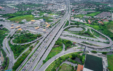 Elevated expressway. The curve of suspension bridge, Thailand. Aerial view. Top view. Background scenic road.