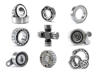 Bearing, rollers and gear parts isolated on white, automotive industry