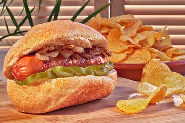 Grilled Hot dog or Wiener with fried onions. Chicago Style Hot Dog with Mustard, Pickle and Onion. Potato chips. Finger food on wooden table.