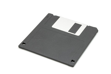 A black floppy disk isolated on white background, old technology for memory card
