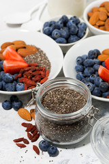 chia seeds in a jar, berries and nuts for a healthy breakfast on white background, vertical