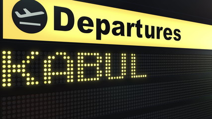 Flight to Kabul on international airport departures board. Travelling to Afghanistan conceptual 3D rendering