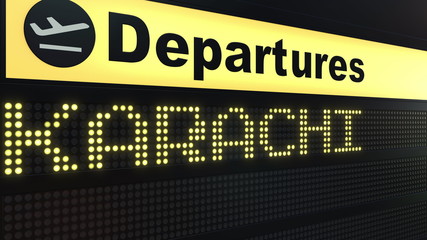 Flight to Karachi on international airport departures board. Travelling to Pakistan conceptual 3D rendering